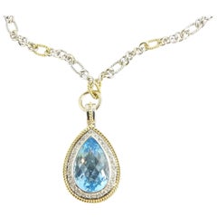 18 Karat Yellow and White Gold Swiss Blue Topaz and Diamond Pendant Necklace