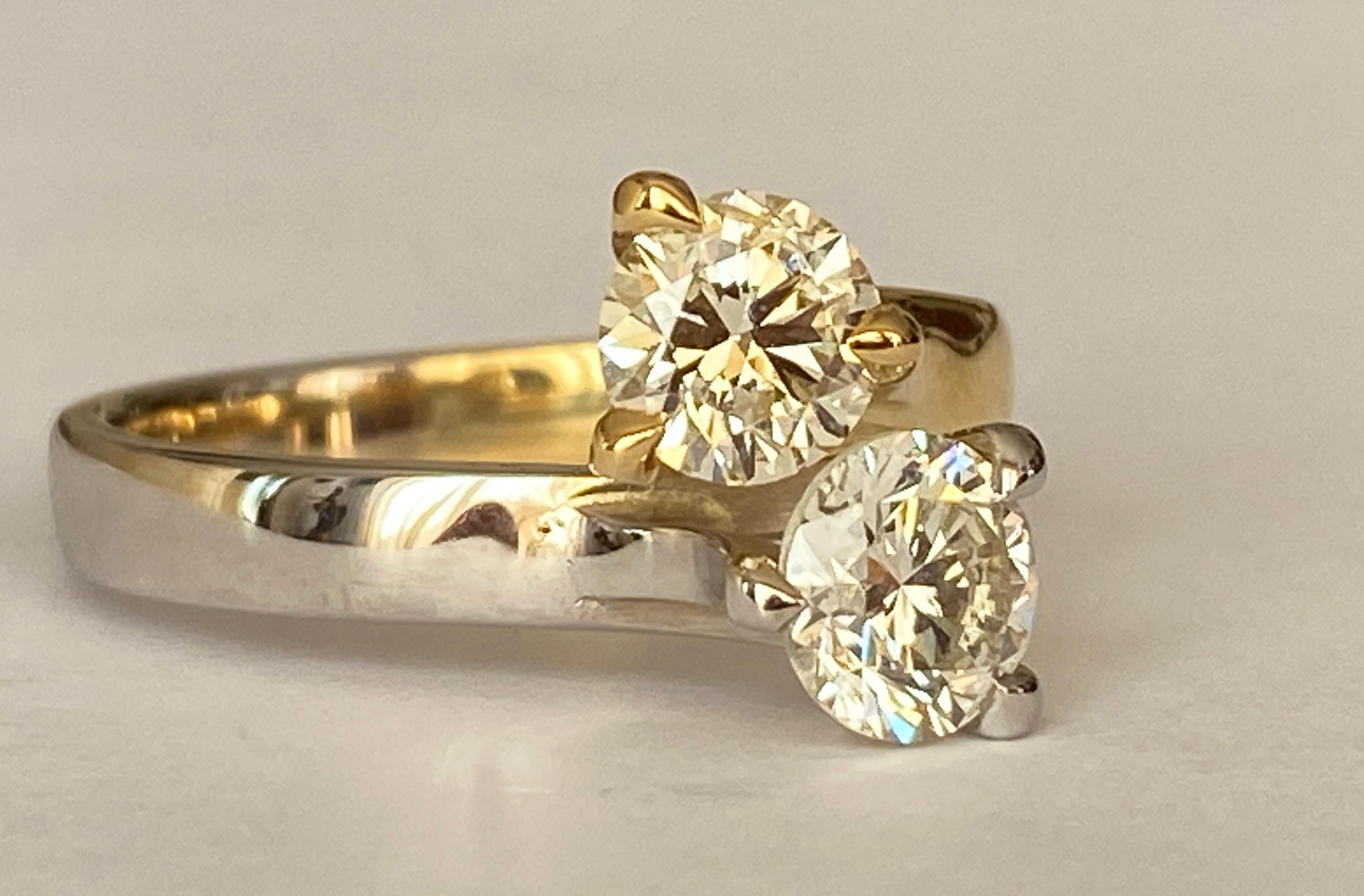 Brilliant Cut 18 Karat Yellow and White Gold 'Toi et Moi' Ring with 1.42 Ct Diamonds