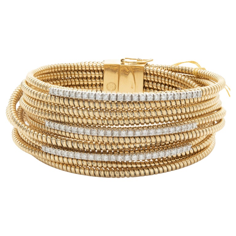 18 Karat Yellow and White Gold Twelve Row Cuff Bracelet with Three ...