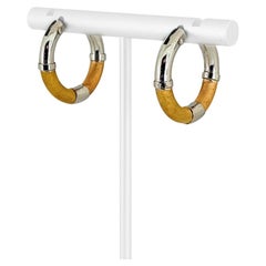 18 Karat Yellow and White Gold Two Tone Hollow Hoop Huggie Earrings Italy