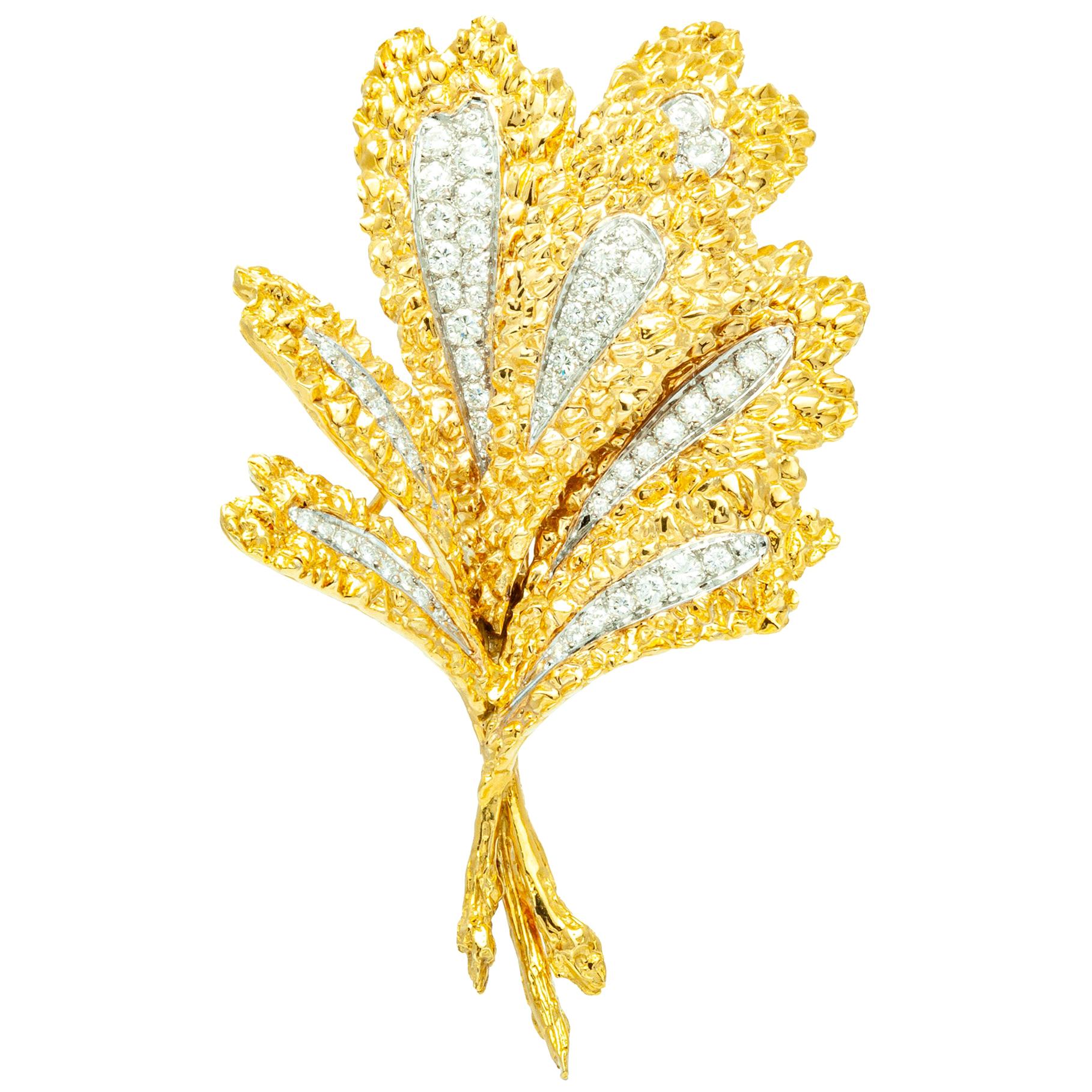 18 Karat Yellow and White Gold with Diamods Leaf Brooch