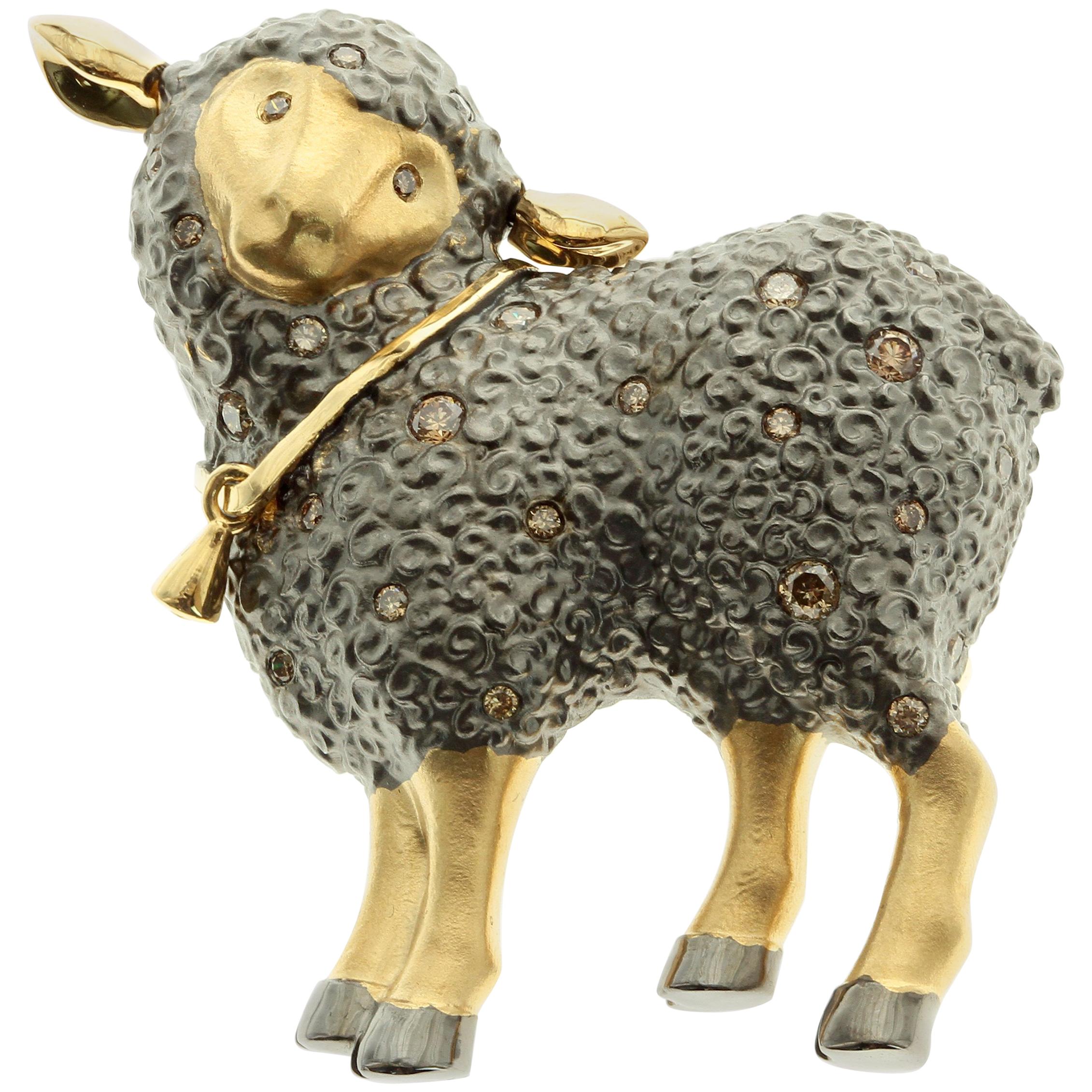 Diamond 18 Karat Yellow Black Gold Sheep Brooch For Sale