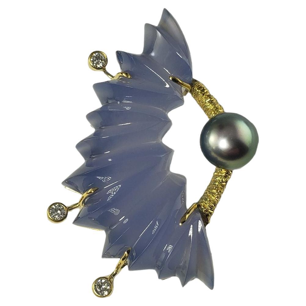 18 Karat Yellow Chalcedony, Tahitian Pearl and Diamond Pendant #13703 For Sale