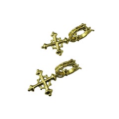 18 Karat Yellow Cross Charm Dangle Hoop Earrings #20549