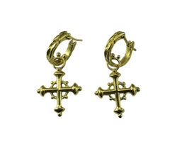 18 Karat Yellow Cross Charm Dangle Hoop Earrings #20549