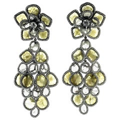 18kt Grey Gold  Detachable Flower Earrings with Yellow and White Slice Diamonds