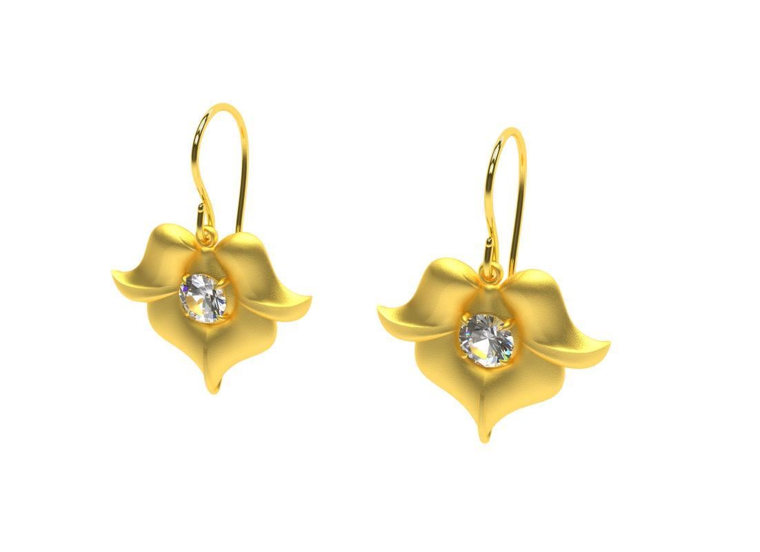 18 Karat Yellow  Diamond Arabesque Flower Earrings, These came from ornamental ironwork inspiration  with my love of arabesque curves, and flower studies.. This has diamonds 4.5 MM ,.74 ct wt. G, SI1 In a matte or polished finish . These are made to