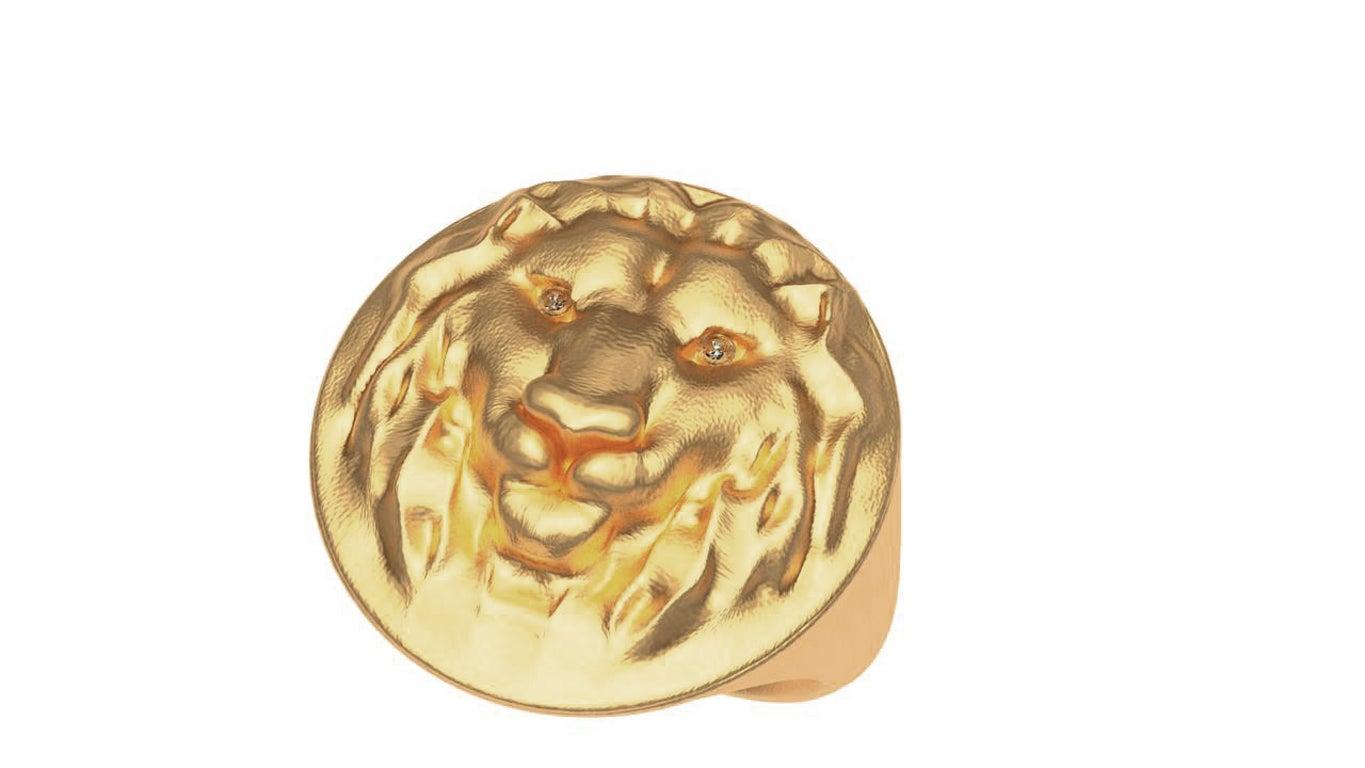 For Sale:  18 Karat Yellow GIA Diamond Lion Head Signet Ring 2