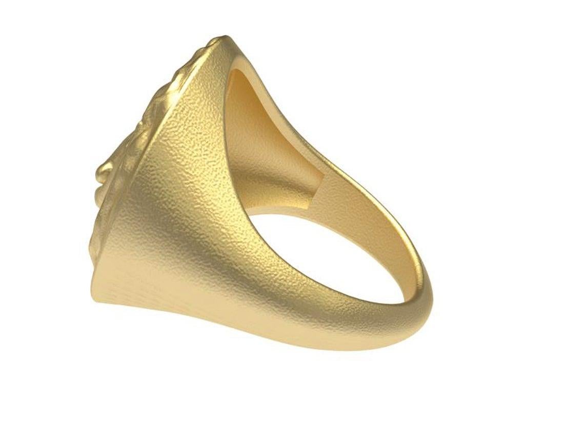 For Sale:  18 Karat Yellow GIA Diamond Lion Head Signet Ring 5