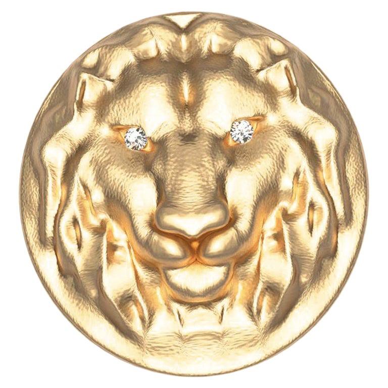 For Sale:  18 Karat Yellow GIA Diamond Lion Head Signet Ring