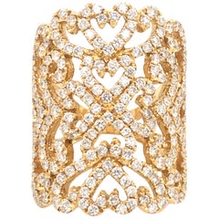 18 Karat Yellow God Ring Set with Diamonds Lace Motif Made in Italy