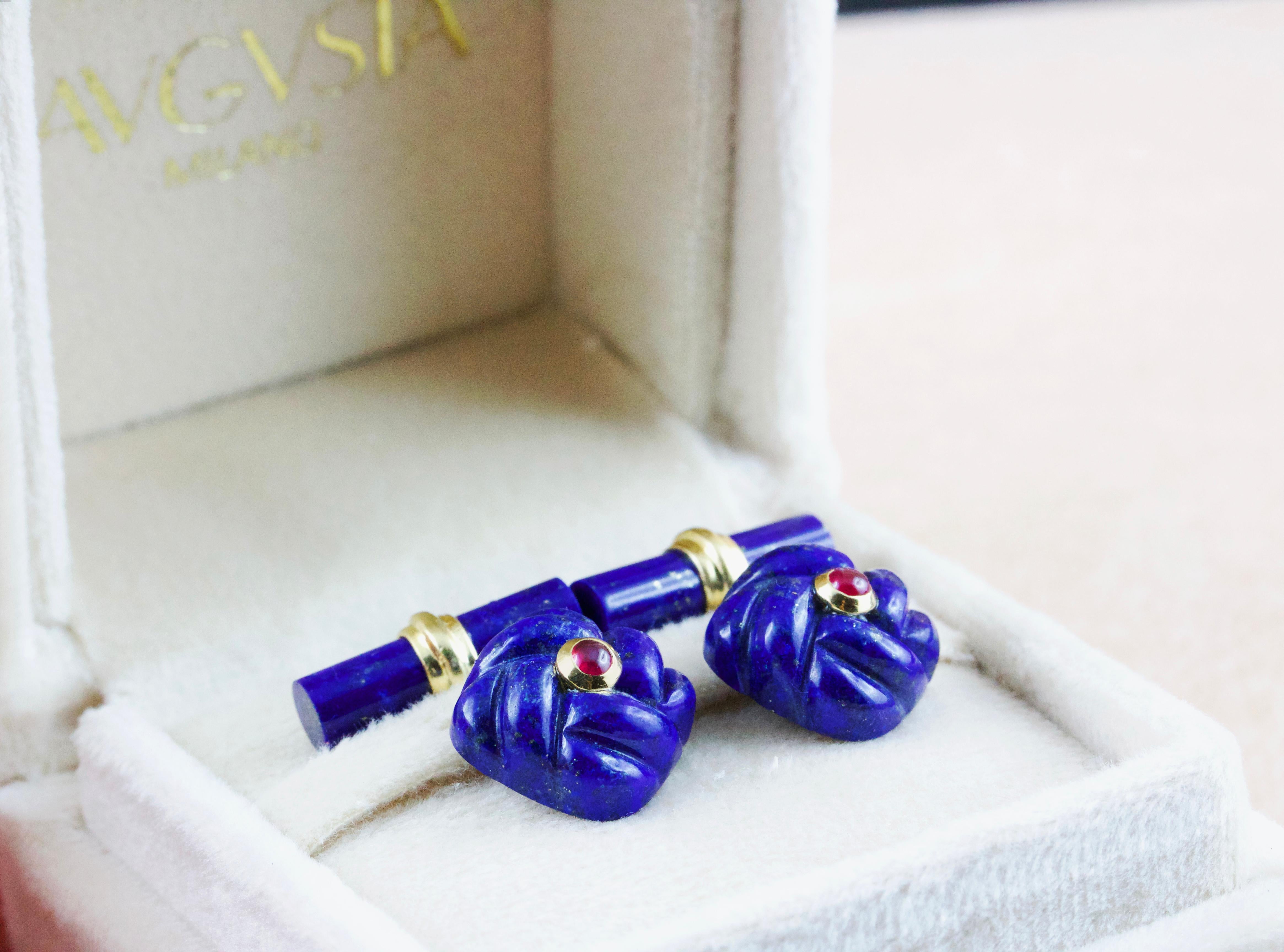 18 Karat Yellow GoId Rubies Lapis Lazuli Interwoven Square Cufflinks In New Condition For Sale In Milano, IT