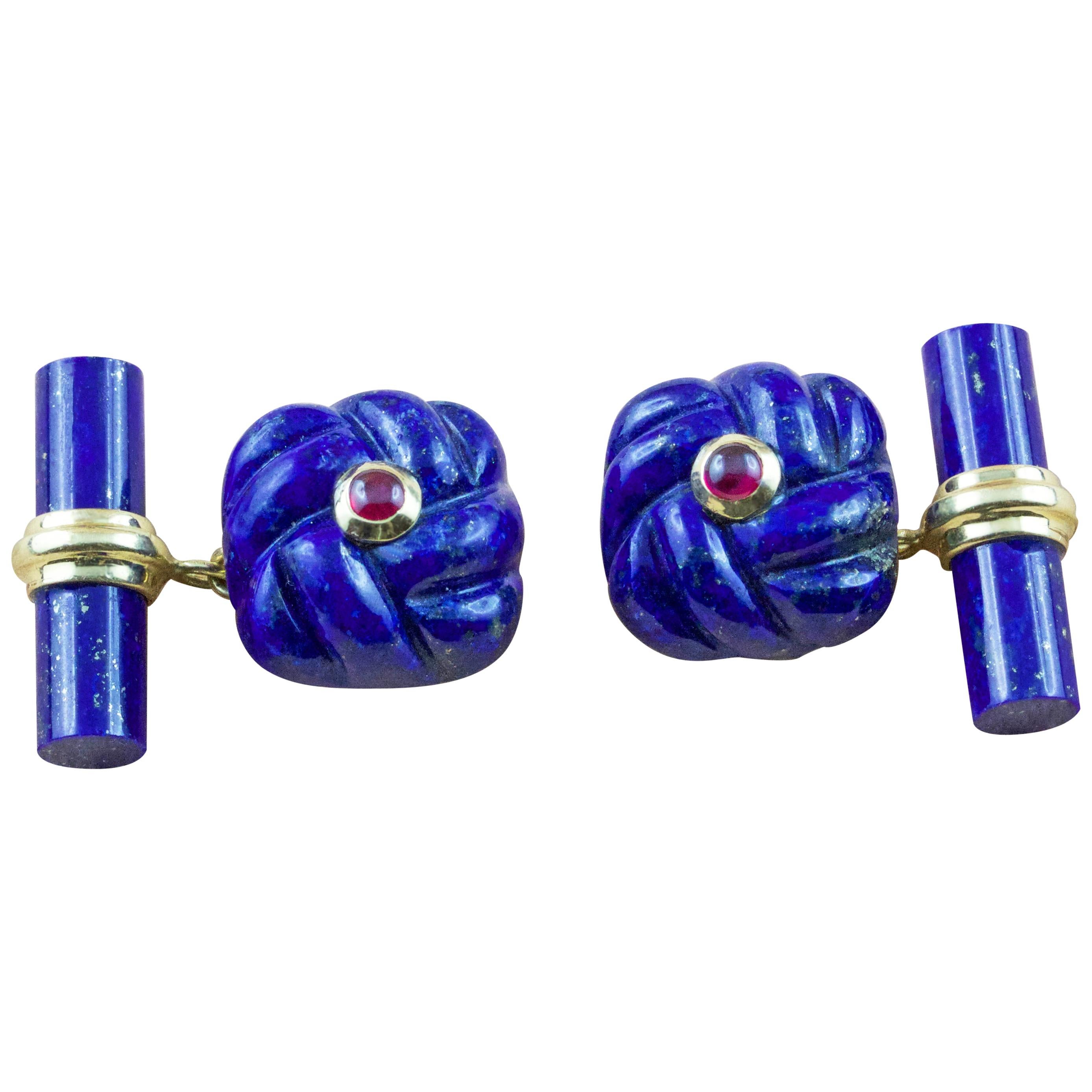 18 Karat Yellow GoId Rubies Lapis Lazuli Interwoven Square Cufflinks