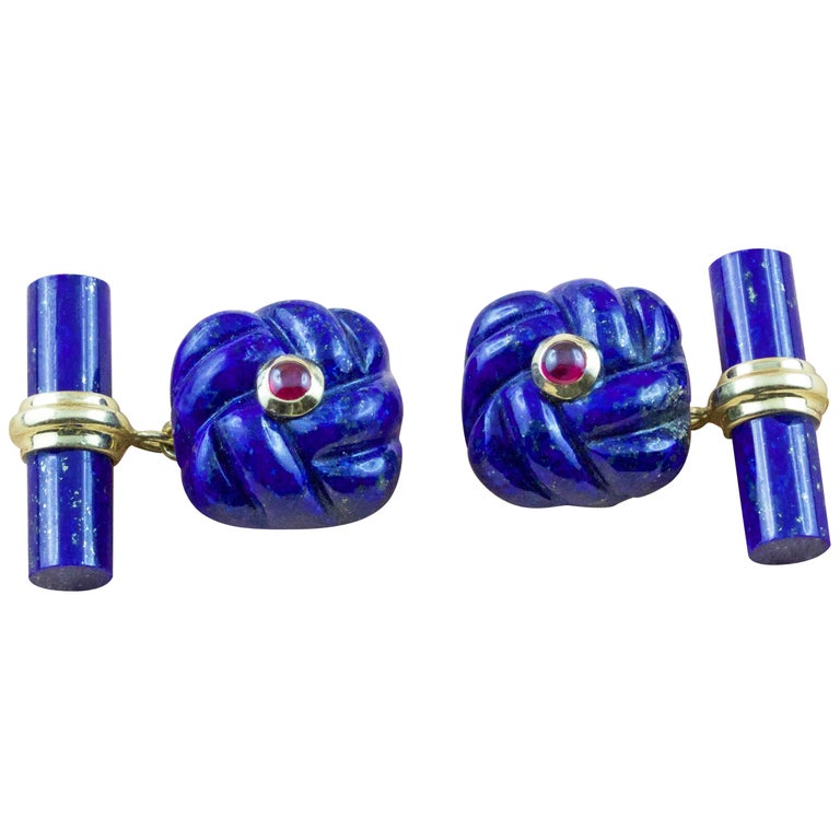18 Karat Yellow GoId Rubies Lapis Lazuli Interwoven Square Cufflinks For Sale