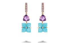 Pendants d'oreilles en or jaune 18 carats avec fleur en turquoise et diamants blancs 0,12 carat