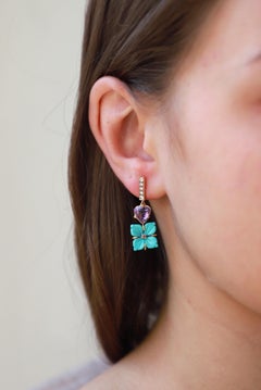 18 Karat Yellow Gold 0.12 Karat White Diamond Turquoise Flower Dangle Earrings