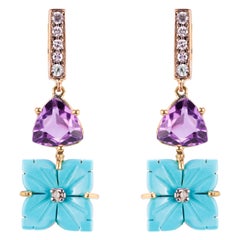 18 Karat Yellow Gold 0.12 Karat White Diamond Turquoise Flower Dangle Earrings