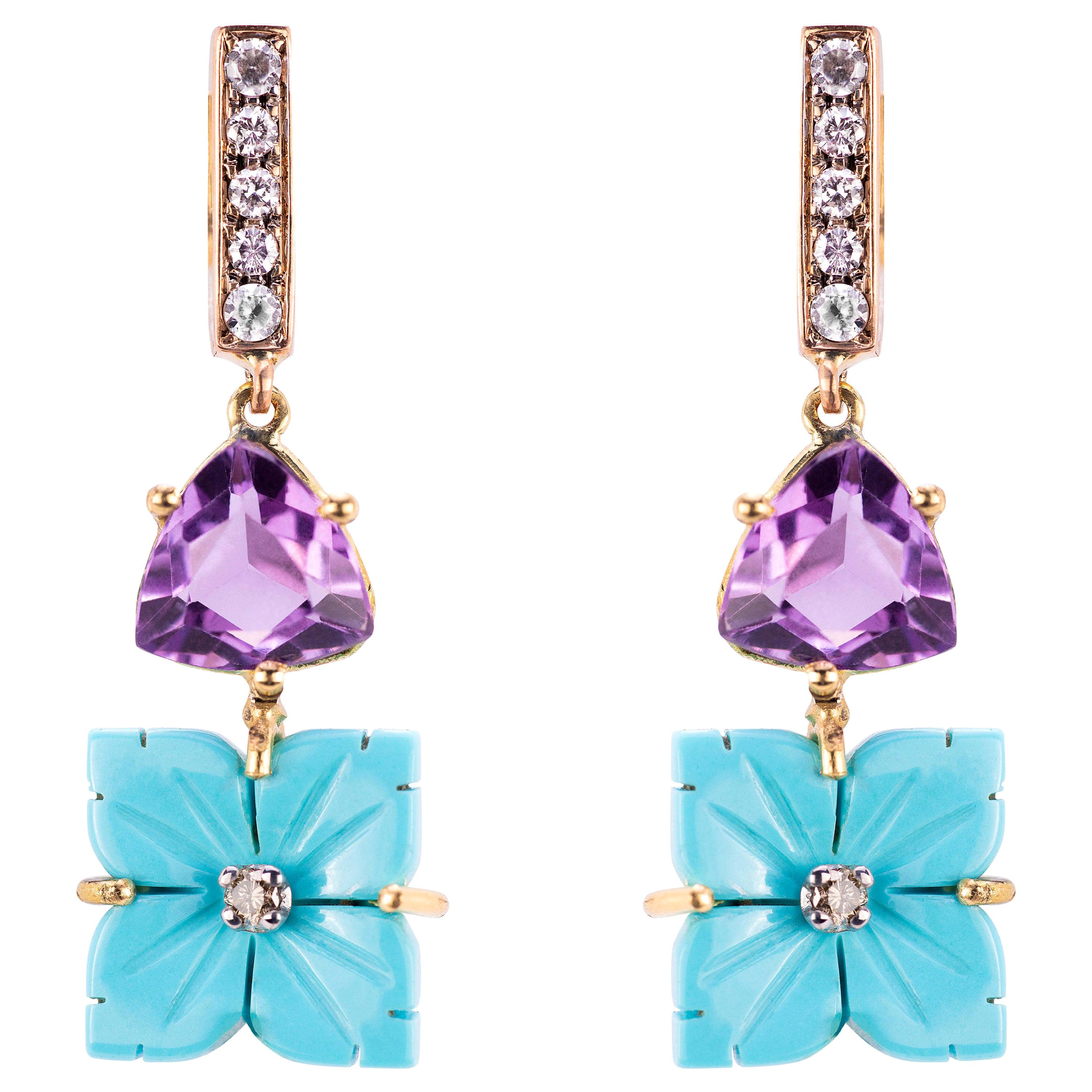 Rossella Ugolini 18K Gold Amethyst and Turquoise Floral Earrings In New Condition For Sale In Rome, IT