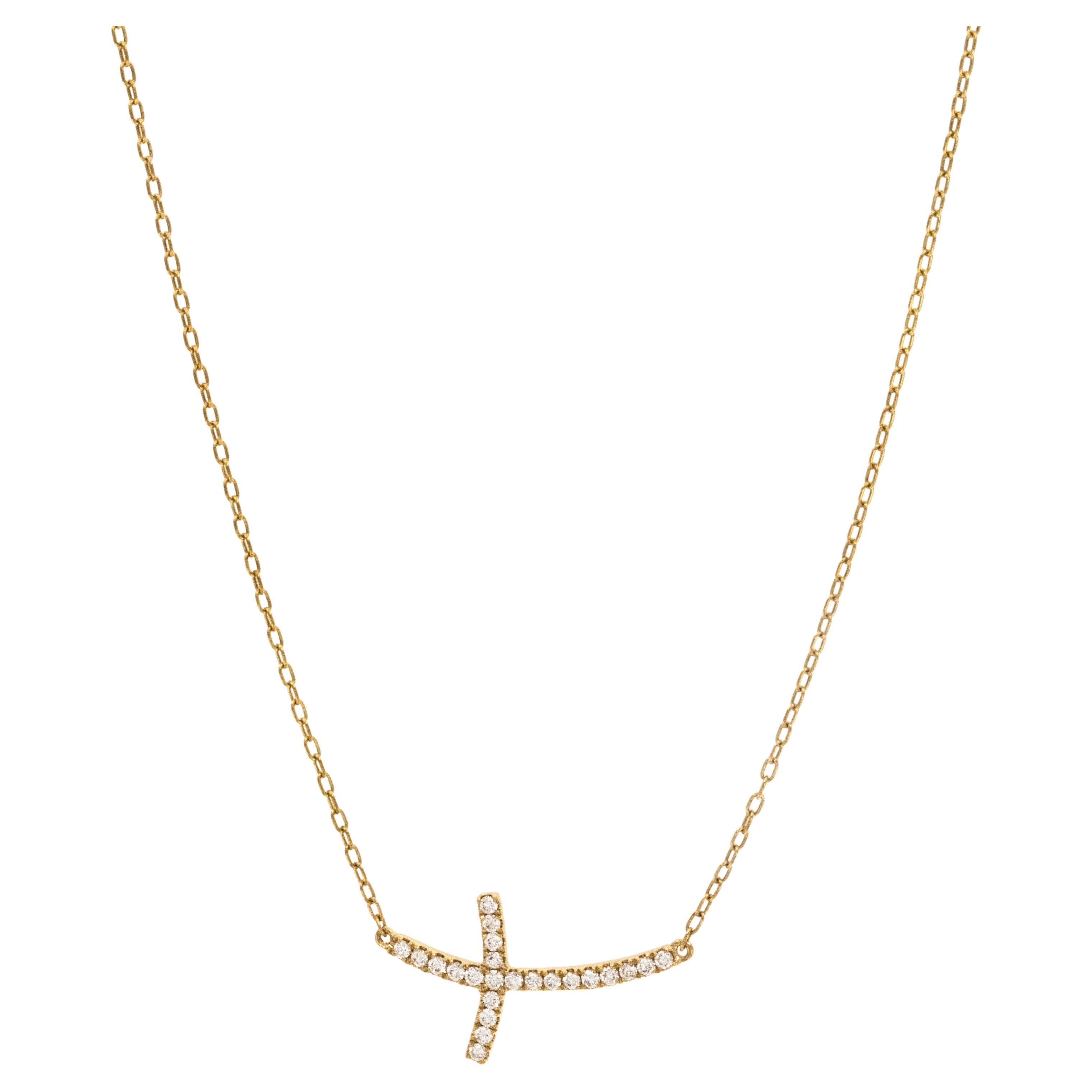 18 Karat Yellow Gold 0.22 Carat Diamond Sideways Cross Necklace