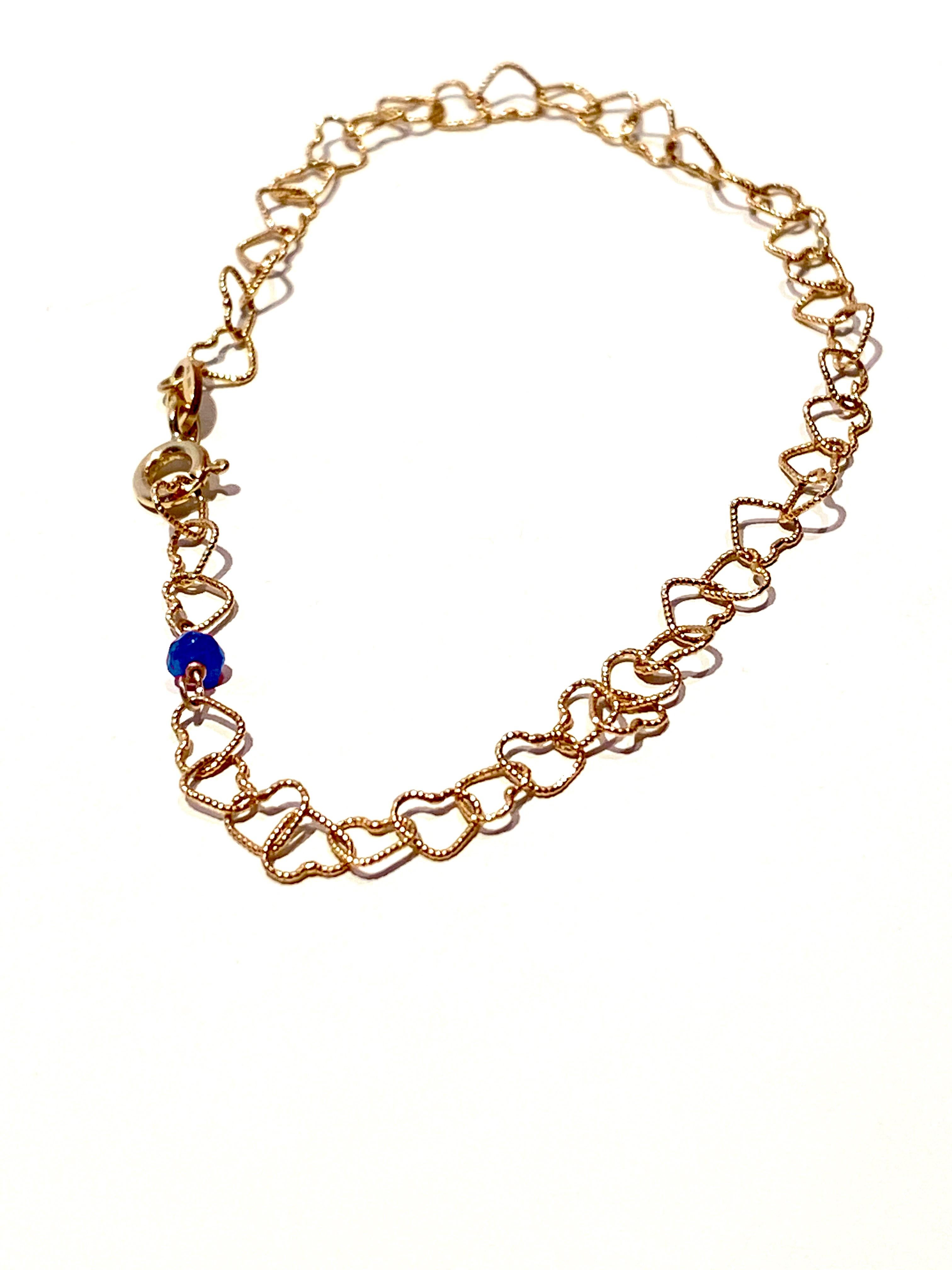 Artisan 18 Karat Yellow Gold 0.30 Karat Bead Cut Sapphire Little Hearts Chain Bracelet For Sale