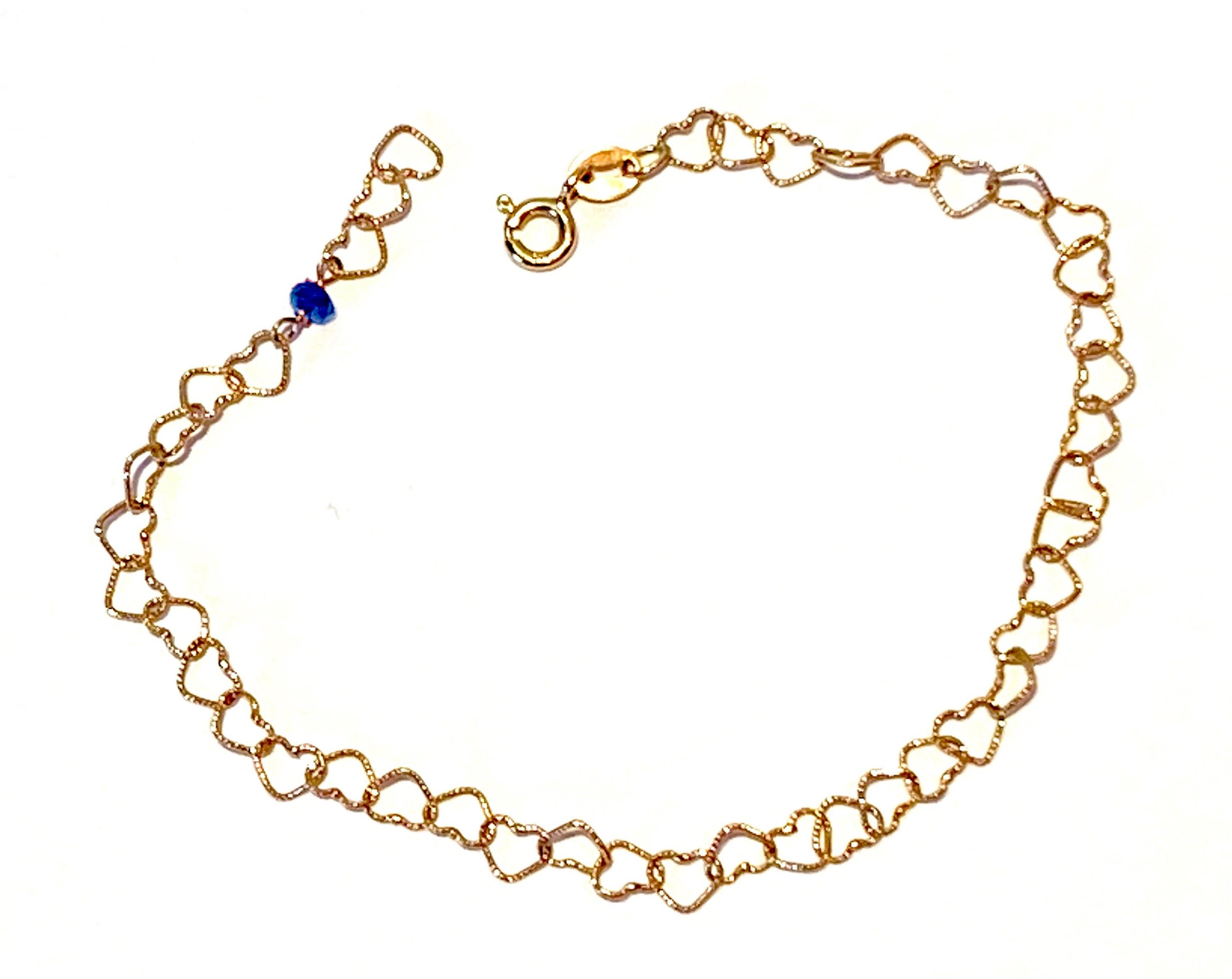 Women's 18 Karat Yellow Gold 0.30 Karat Bead Cut Sapphire Little Hearts Chain Bracelet For Sale