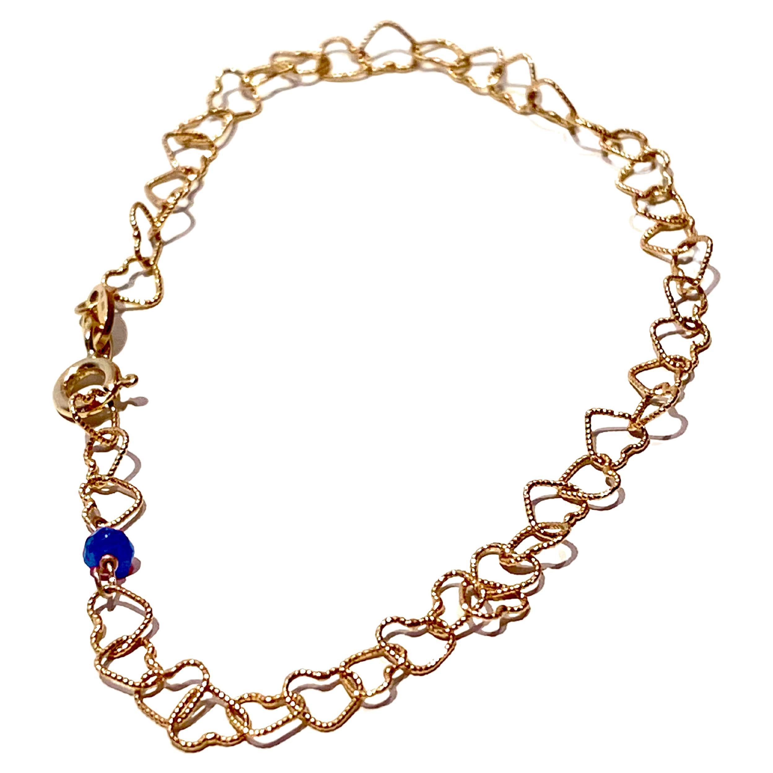 18 Karat Yellow Gold 0.30 Karat Bead Cut Sapphire Little Hearts Chain Bracelet For Sale