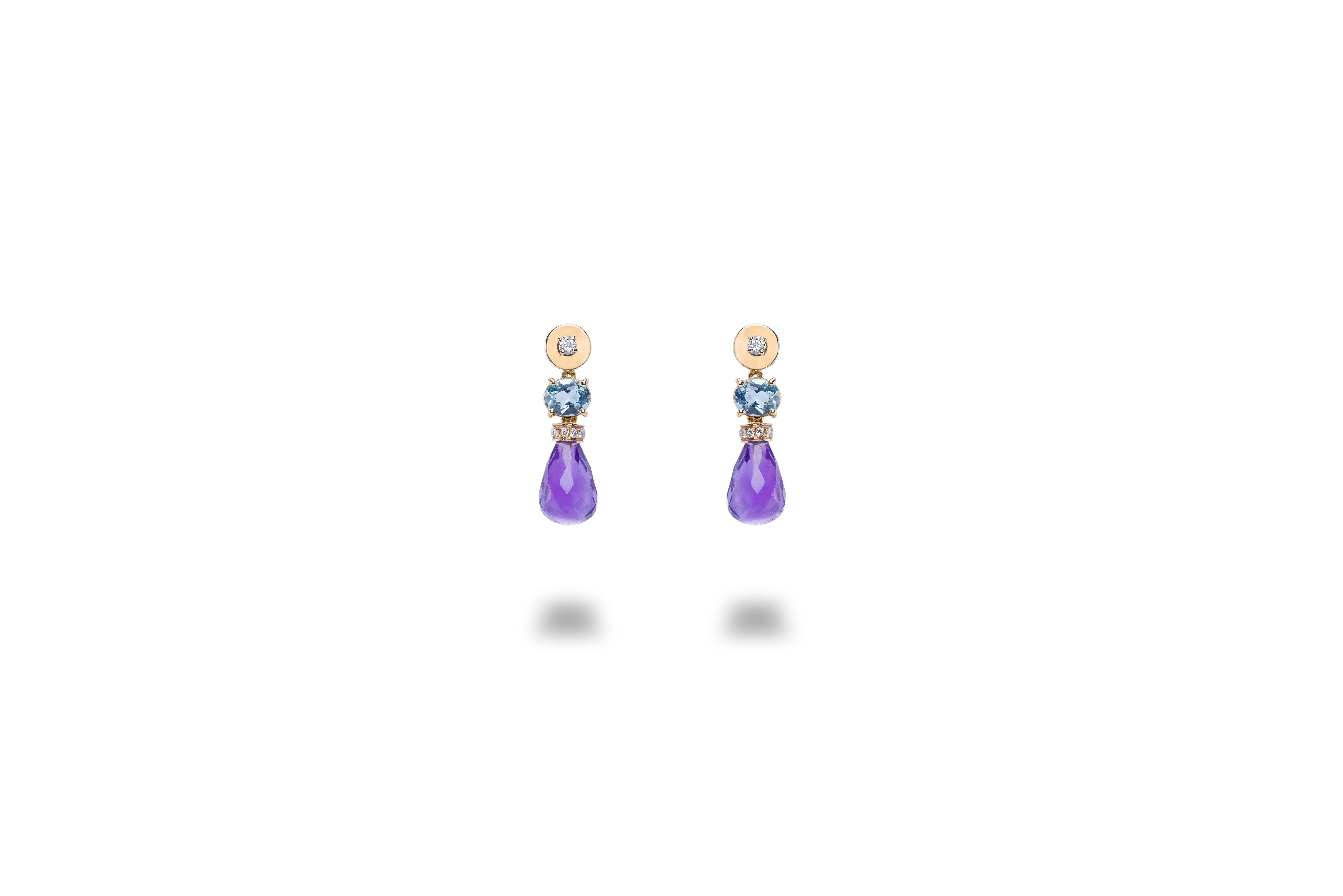 Amethyst 18 Karat Yellow Gold 0.30 Karat White Diamond Topaz Drop Earrings For Sale 1