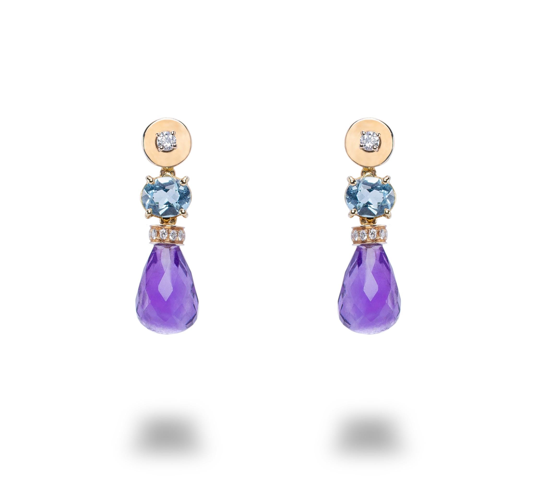 18 Karat Yellow Gold 0.30 Karat White Diamond Blue Topaz Amethyst Grapes Drop Earrings
Here there are some beautiful Rossella Ugolini Grape earrings handcrafted in 18 karats Rose Gold and embellished with 0.30 Karats White Diamonds, Blue Topaz and