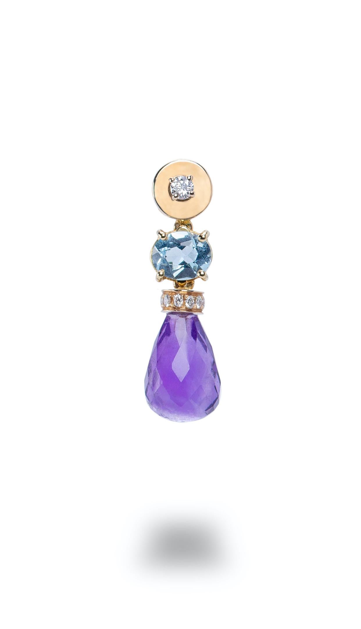 Rossella Ugolini Deco Style Collection 18 Karat Yellow Gold 0.30 Karat White Diamond Blue Topaz Amethyst Grapes Drop Earrings. A flat Yellow Gold disc rests on the lobe and has a White Diamond set in a white gold prong at its centre. The earring is