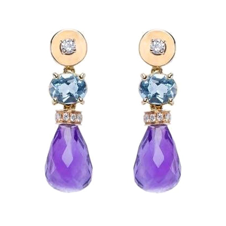 Boucles d'oreilles en goutte en or jaune 18 carats avec topaze, améthyste et diamant blanc de 0,30 carat