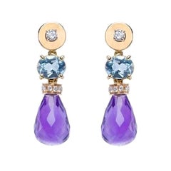 Boucles d'oreilles en goutte en or jaune 18 carats avec topaze, améthyste et diamant blanc de 0,30 carat