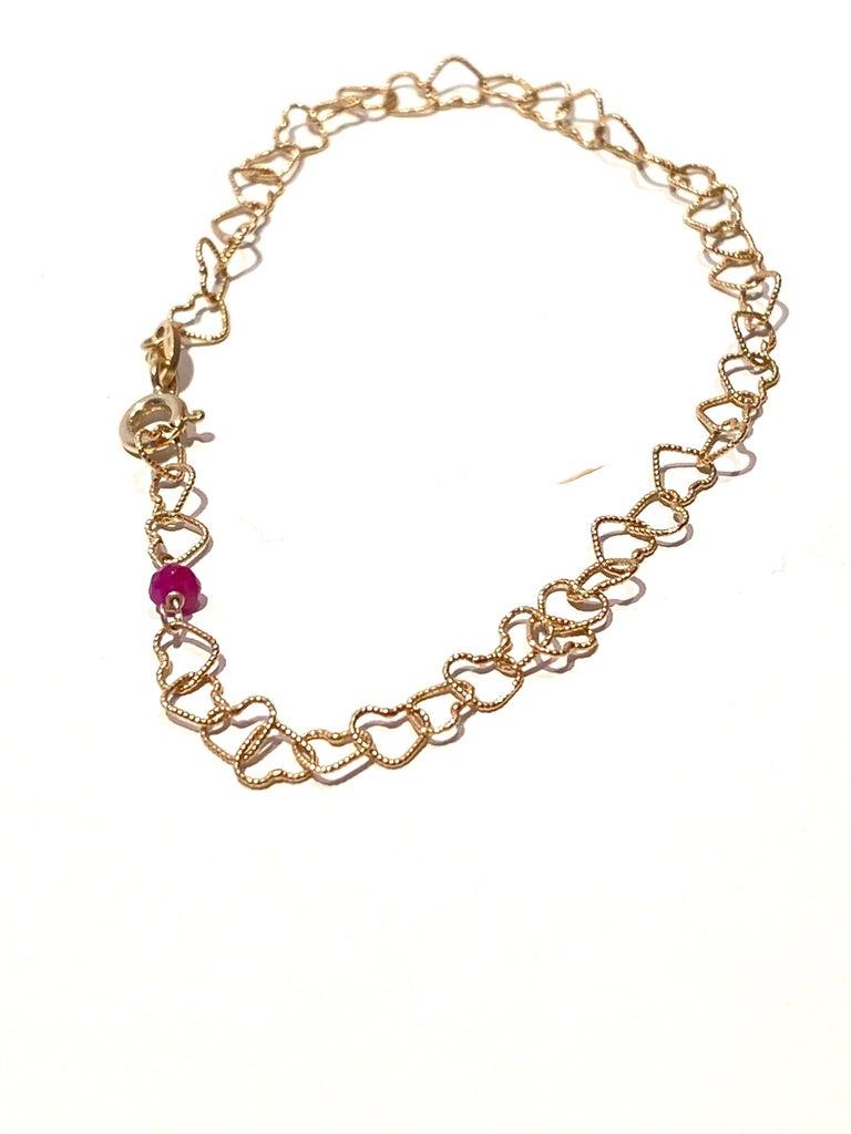 18 Karat Yellow Gold 0.32 Karat Bead Cut Red Ruby Little Hearts Chain Bracelet For Sale 6