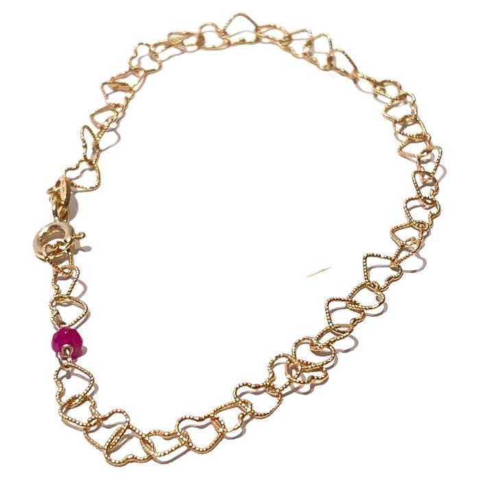 Romantic 18 Karat Yellow Gold 0.32 Karat Bead Cut Red Ruby Little Hearts Chain Bracelet For Sale