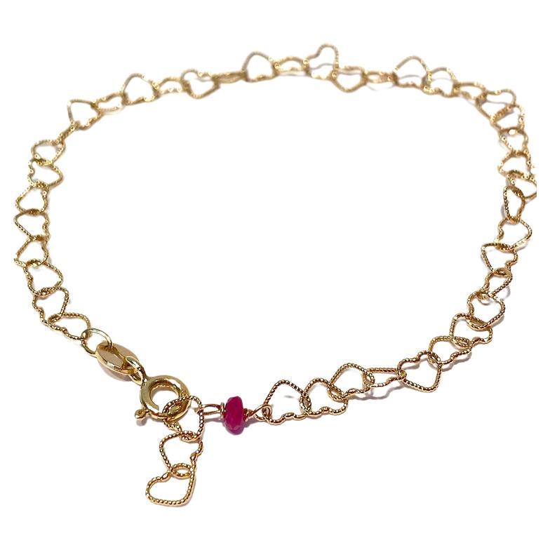 18 Karat Yellow Gold 0.32 Karat Bead Cut Red Ruby Little Hearts Chain Bracelet For Sale