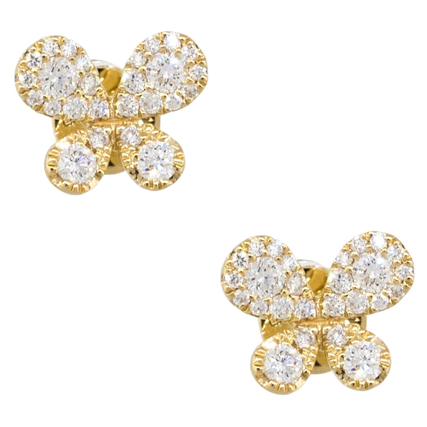 18 Karat Yellow Gold 0.39 Carat Diamond Butterfly Pave Earring Studs