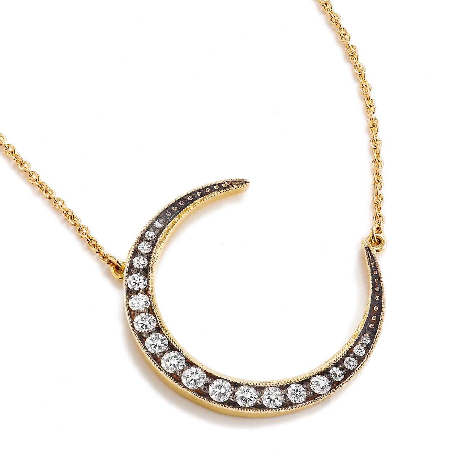 Modern 18 Karat Yellow Gold 0.43 Carat Diamond Pave Crescent Moon Pendant Necklace For Sale