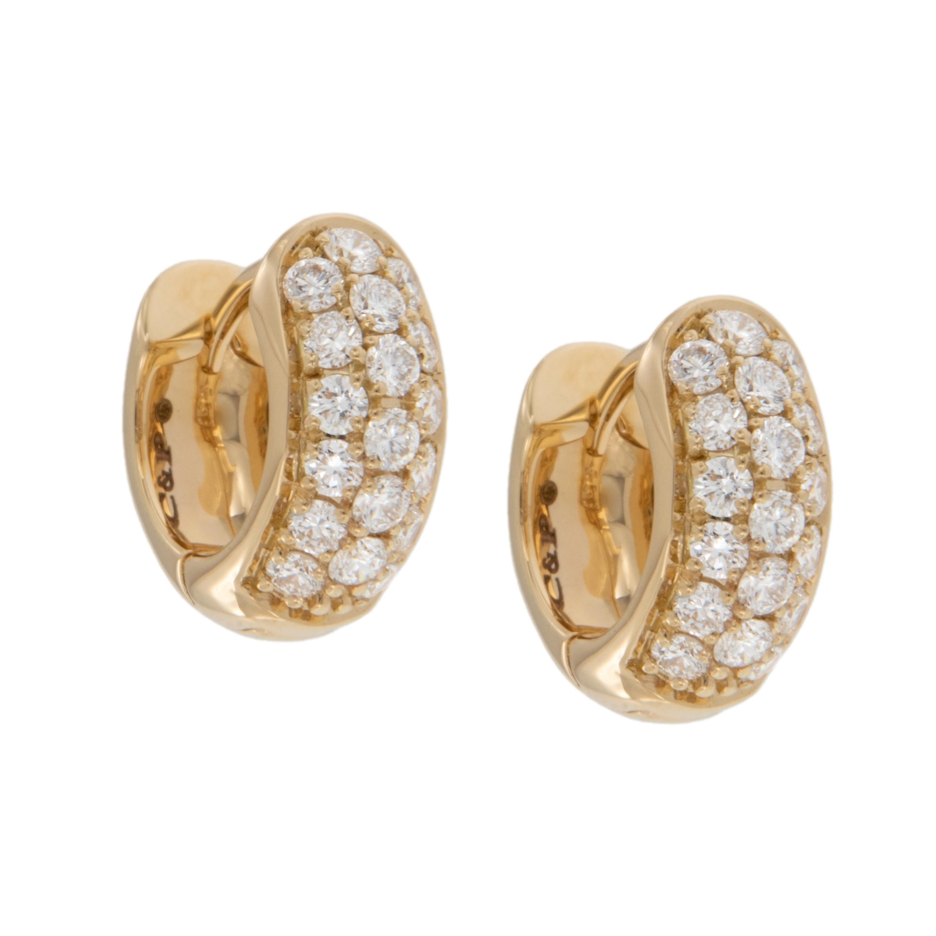 Beautiful pave' diamond earrings that will be the most comfortable earrings you own too! Made from fine 18 karat yellow gold, these huggy earrings boast 0.48 Cttw. of VS clarity, G-H color diamonds for earrings that look paved with diamonds.
