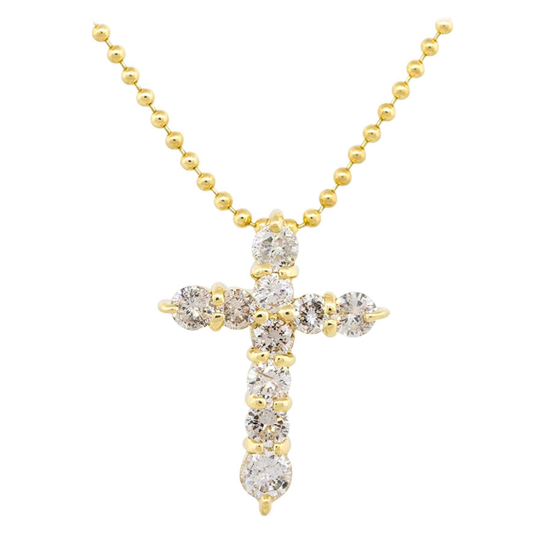 18 Karat Yellow Gold 0.50 Carat Round Diamond Cross Pendant on Chain