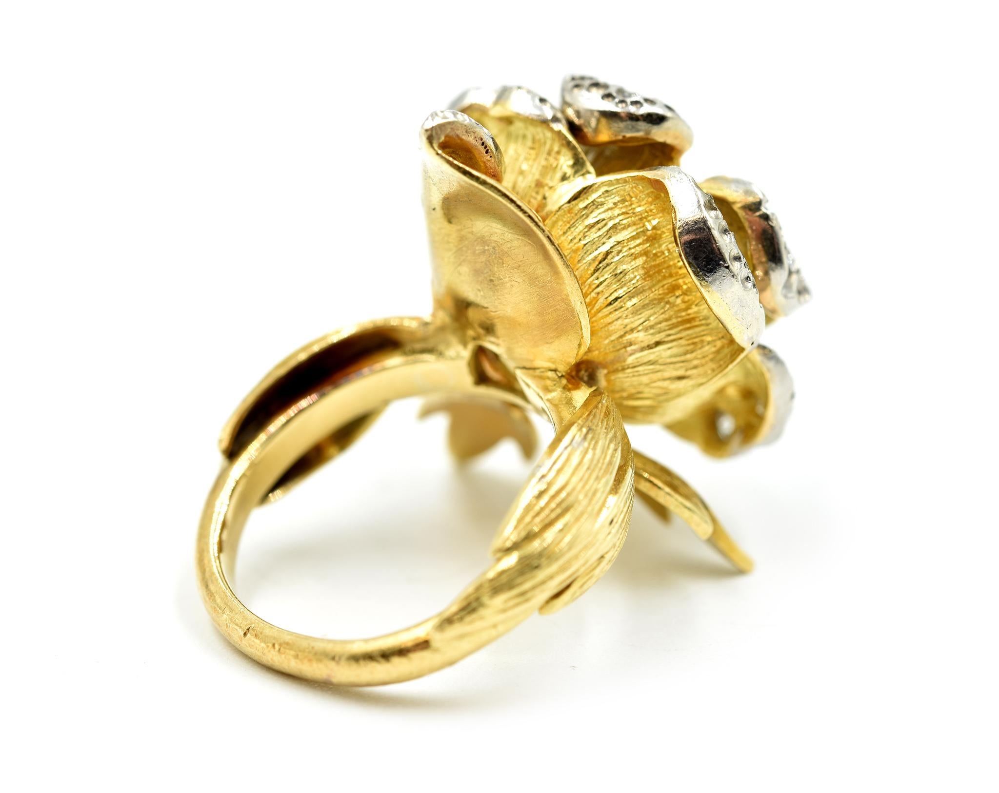 Women's 18 Karat Yellow Gold, 0.50 Carat Round Diamond Flower Cocktail Ring