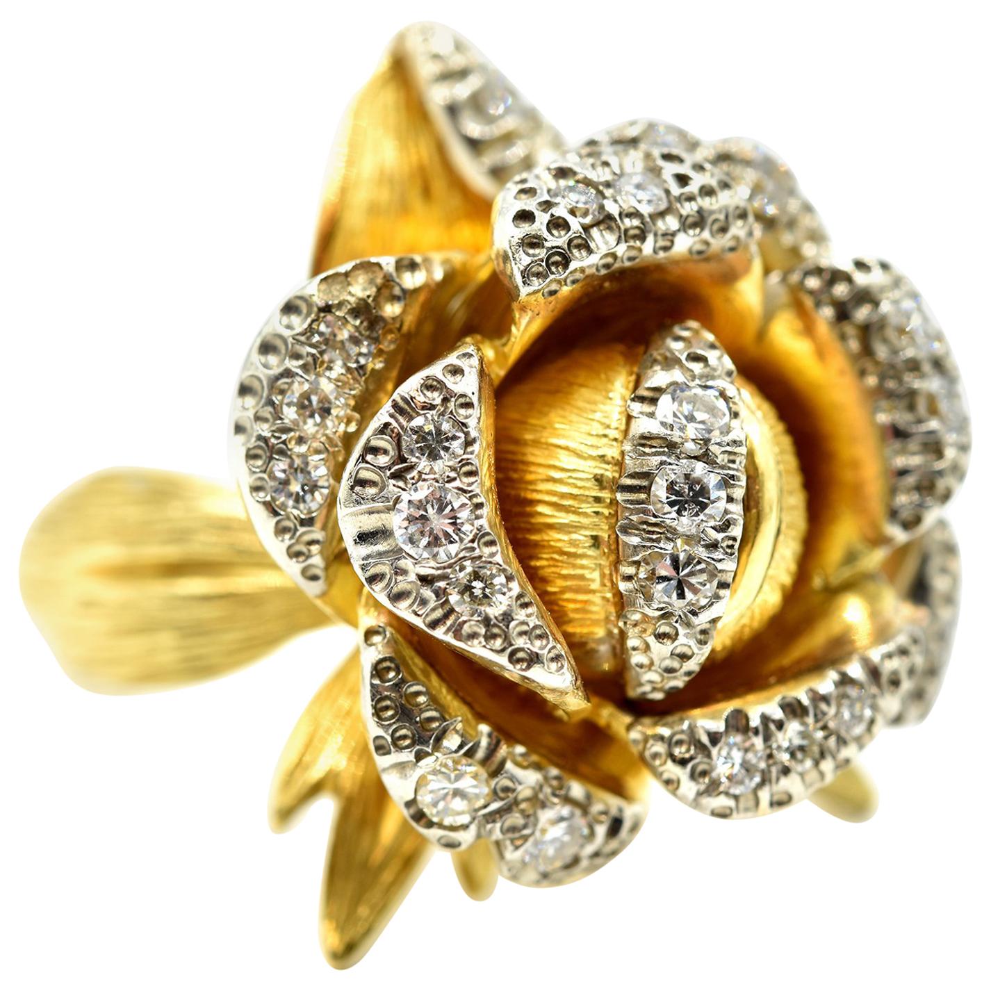 18 Karat Yellow Gold, 0.50 Carat Round Diamond Flower Cocktail Ring