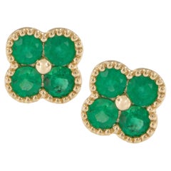 18 Karat Yellow Gold 0.50 Cttw Emerald Clover Stud Earrings