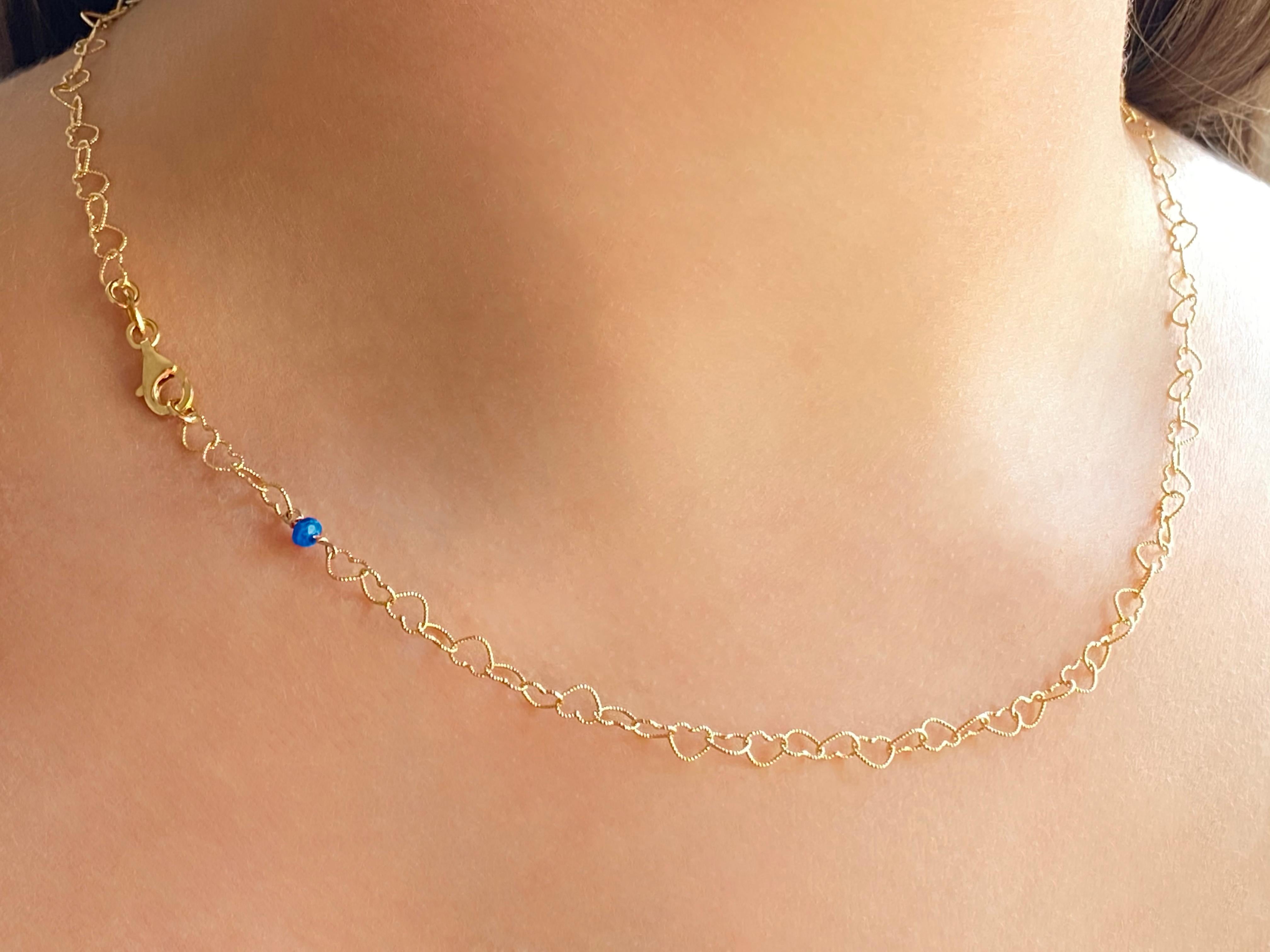 Women's or Men's 18 Karat Yellow Gold 0.51 Karat Bead Cut Sapphire Little Hearts Chain Necklace For Sale