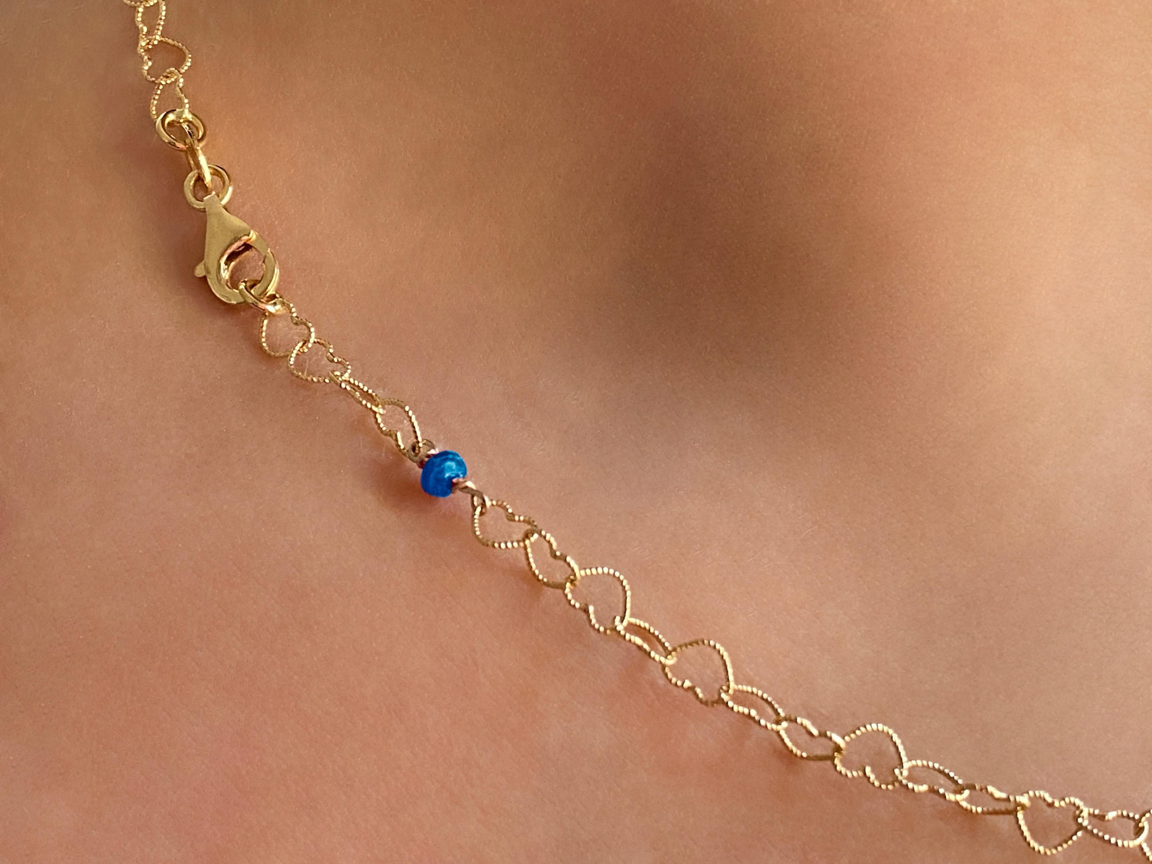 18 Karat Yellow Gold 0.51 Karat Bead Cut Sapphire Little Hearts Chain Necklace For Sale 2