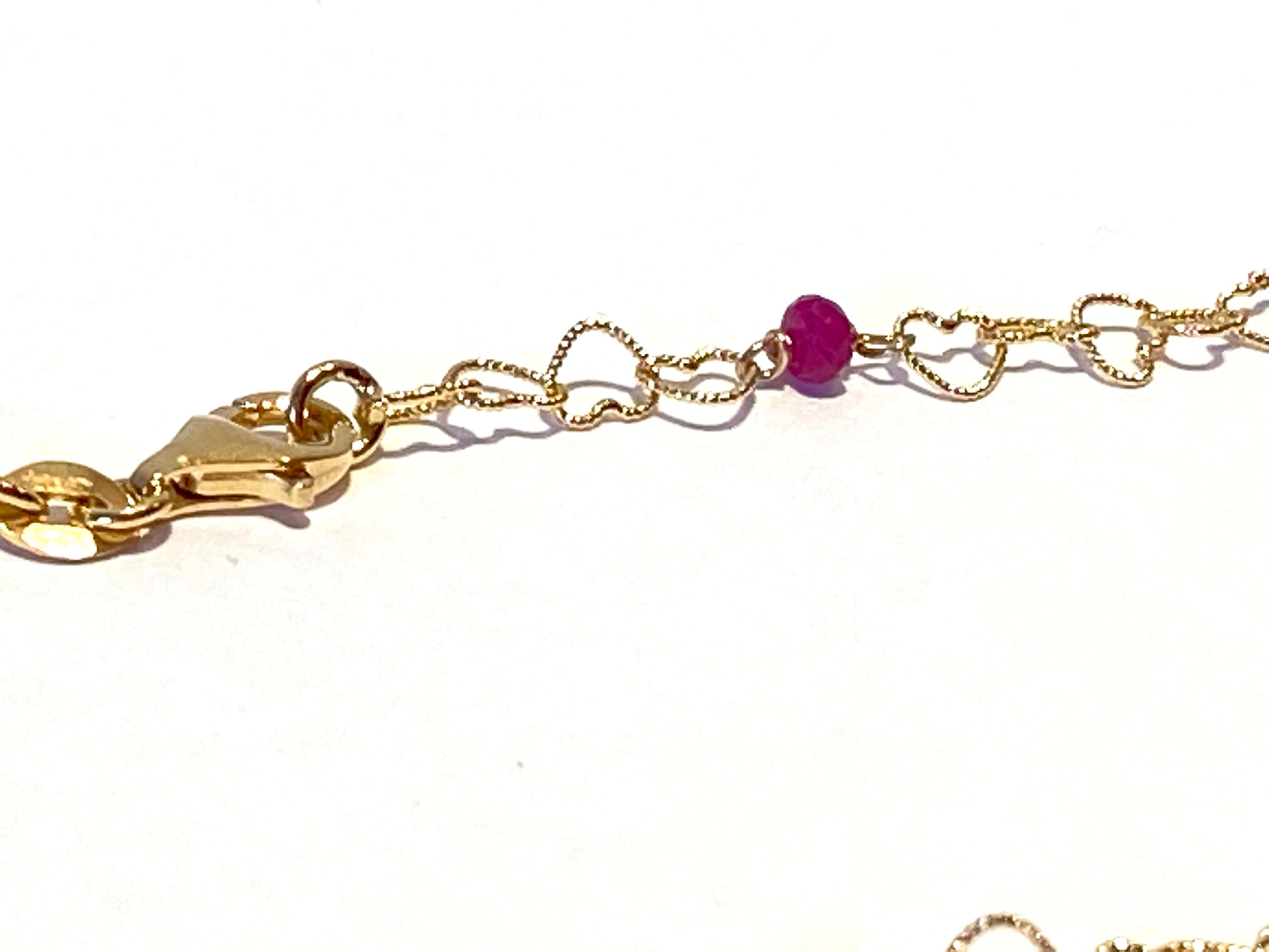 18 Karat Yellow Gold 0.56 Karat Bead Cut Red Ruby Little Hearts Chain Necklace For Sale 5
