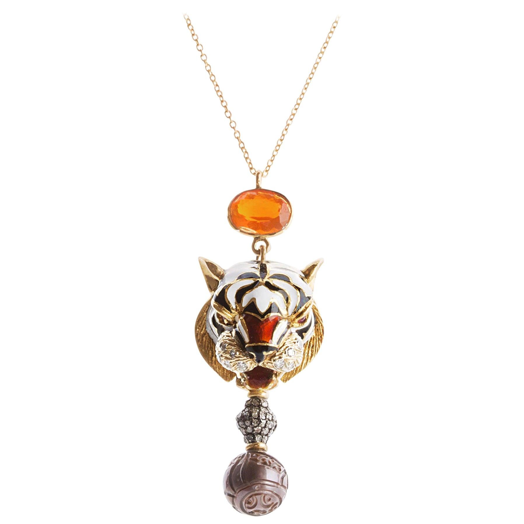 Rossella Ugolini Tiger Rubies Eyes 18K Yellow Gold Fire Opal Pendant Necklace For Sale