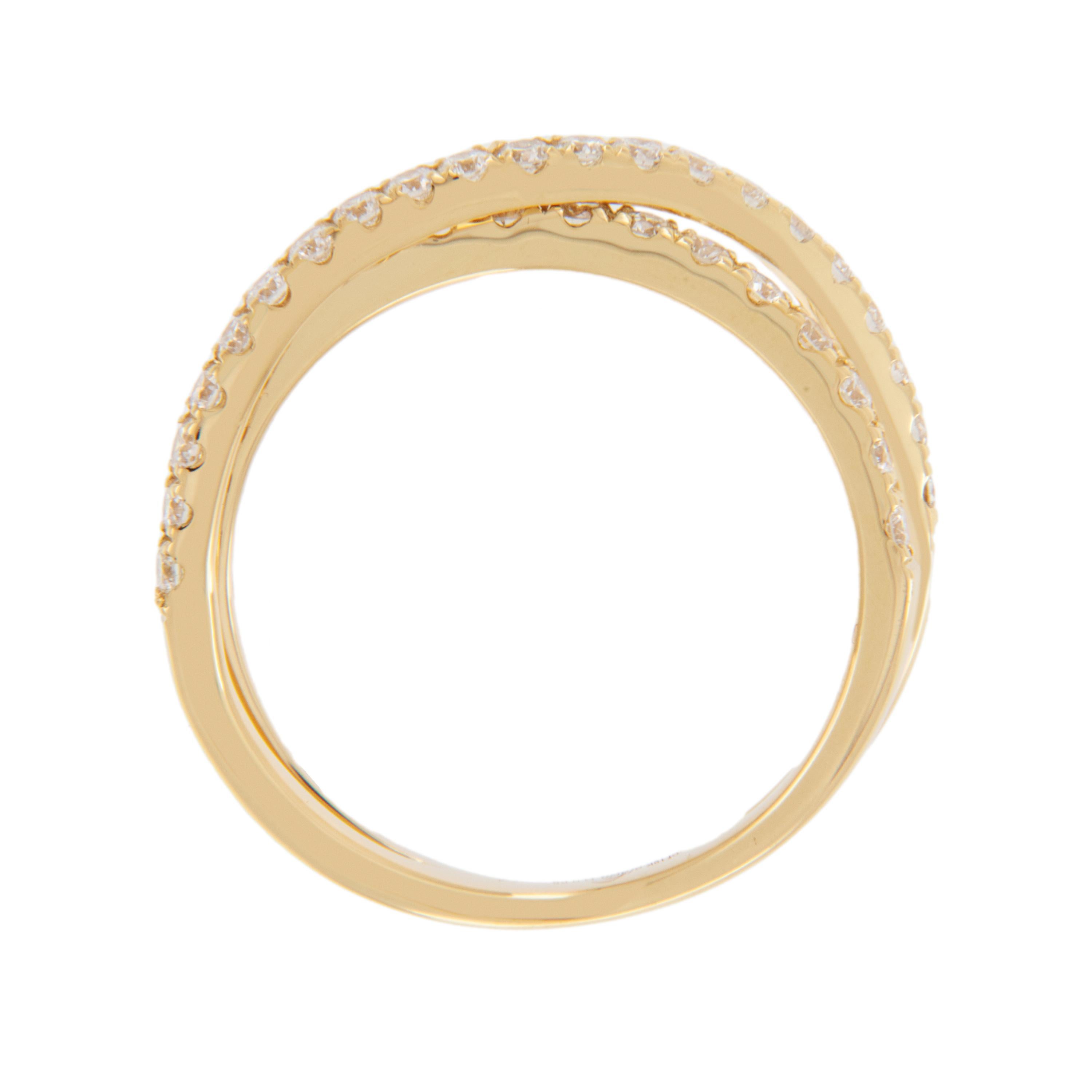 Round Cut 18 Karat Yellow Gold 0.65 Cttw Diamond Crossover Fashion X Ring  For Sale