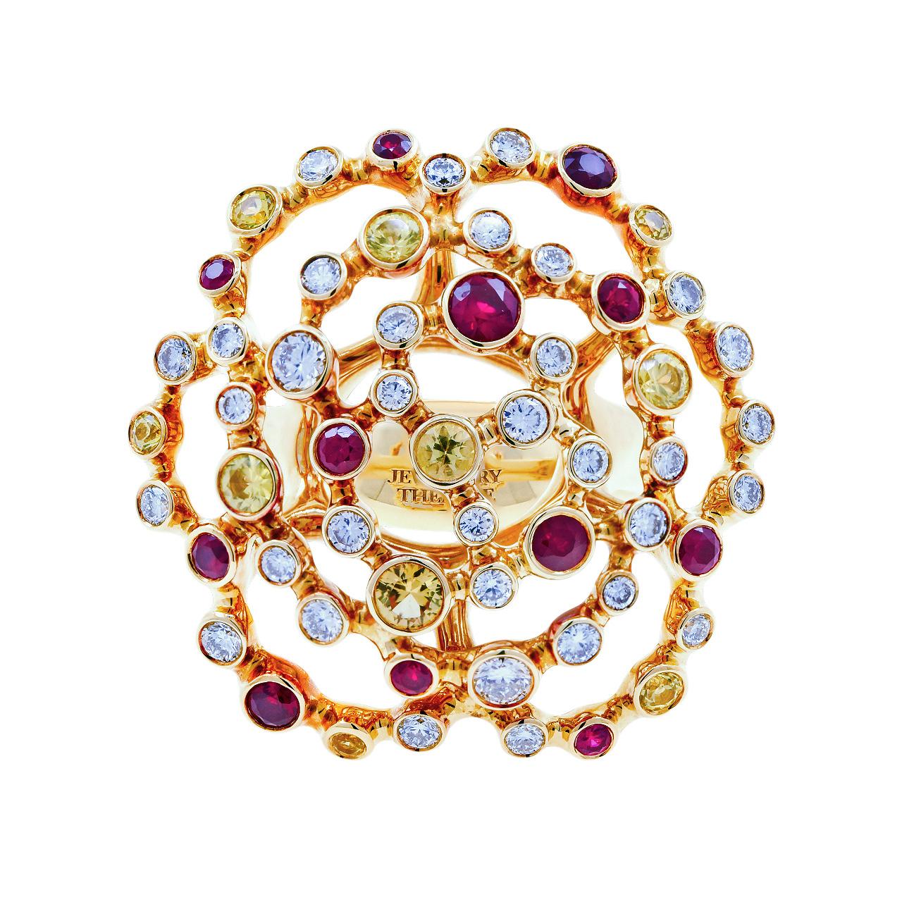 - 34 Round Diamonds - 0.85 ct, G/VVS1-VS1
- 36 Round Yellow Sapphires - 0.84 ct
- 12 Round Rubies - 0.75 ct
- 18K Yellow Gold 
- Weight: 16.57 g
- Size: 17.5 mm
This elegant ring from the Byzantium collection is encrusted with 0.85 ct of diamonds,