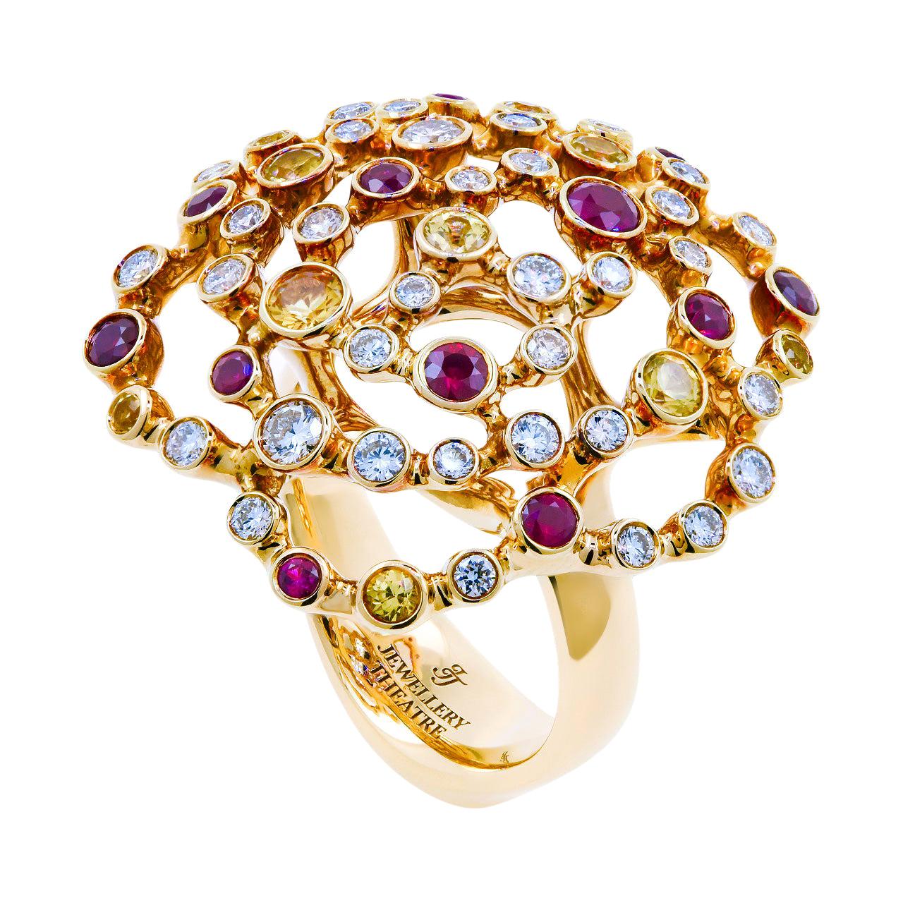 18 Karat Yellow Gold 0.85 Carat Diamonds Rubies Yellow Sapphires Cocktail Ring For Sale