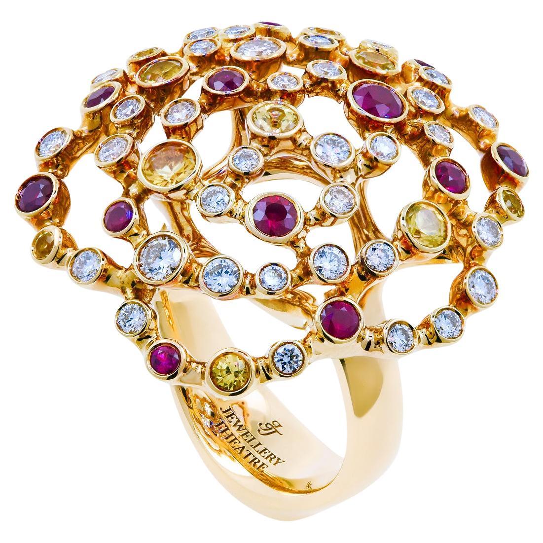 18 Karat Yellow Gold 0.85 Ct Diamonds Rubies Yellow Sapphires Cocktail Ring For Sale