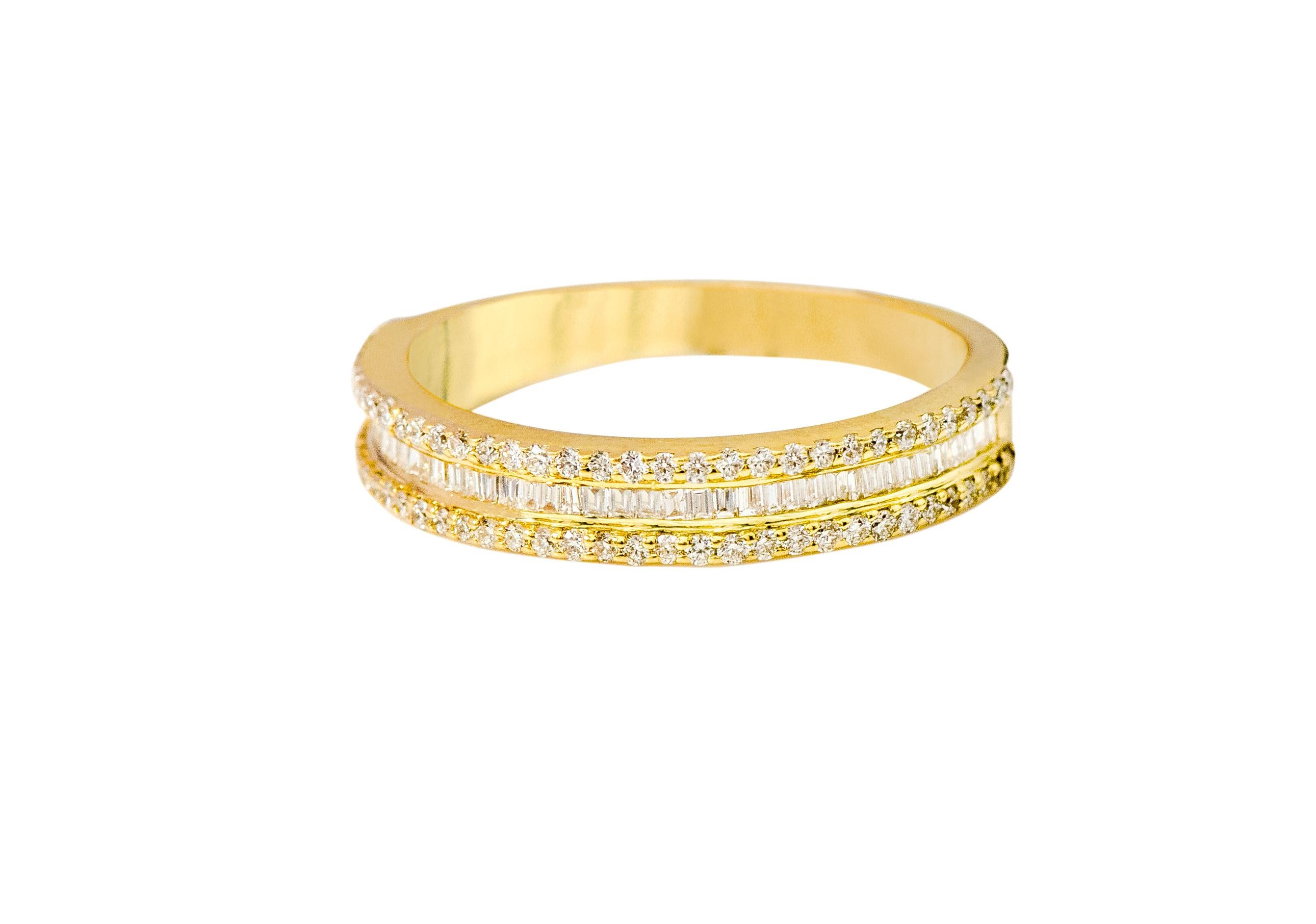 18 Karat Yellow Gold 0.89 Carat Diamond Eternity Half-Band Ring

This enchanting diamond half-band is distinctive. The perfectly cut and matched baguette cut diamonds in closed bezel setting are incorporated masterfully within an equivalent layer of